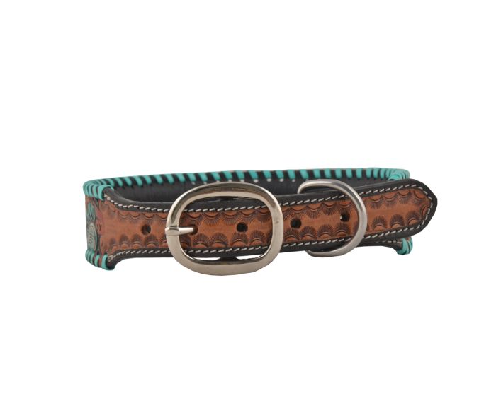 Full bloom Hand-Tooled Leather Dog Collar