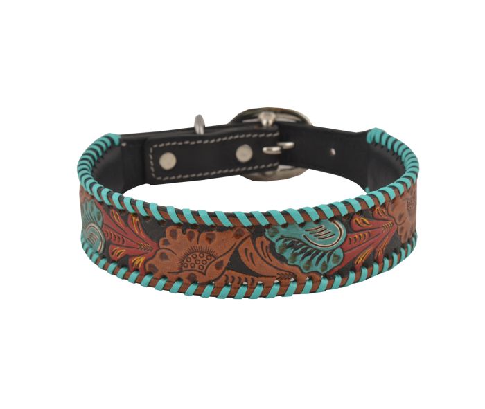 Full bloom Hand-Tooled Leather Dog Collar